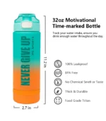 Motivational Water Bottle Never Give Up Cyan/Orange Dimension