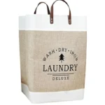 Beige Fabric Tote Laundry Bag with Leather Handles