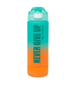 Motivational Water Bottle Never Give Up Cyan/Orange