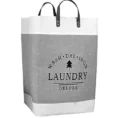 Gray Fabric Laundry Tote Bag with Leather Handles
