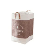 Brown Fabric Tote Laundry Bag with Leather Handles