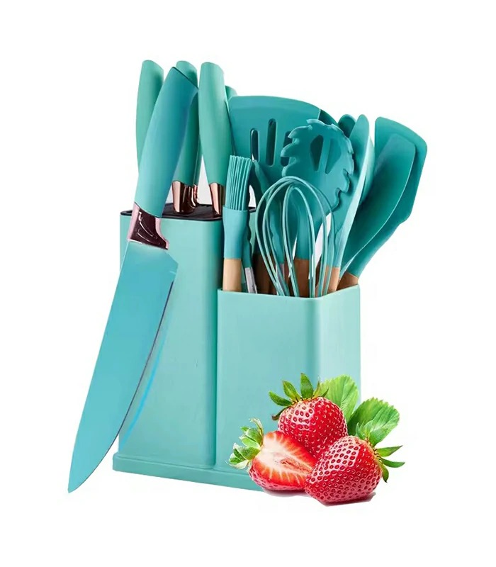 19 Pieces Kitchen Cooking Utensil & Knife Set Cyan