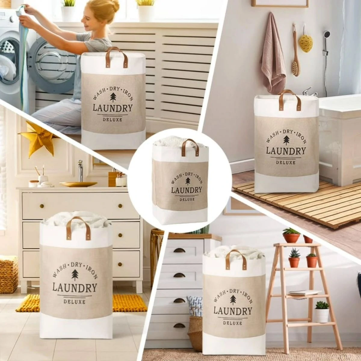 Fabric Laundry Tote Bag with Leather Handles