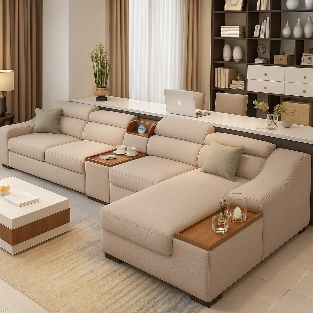 Modern Style Sofa, L Shaped Sofa With Wooden Small Table Imbedded In It