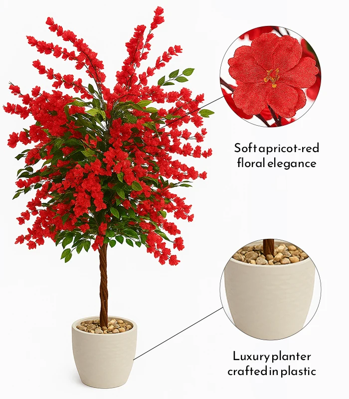 Flower Tree Artificial Plants, Soft Apricot-Red Artificial Flower Tree In Strong Plastic Pot