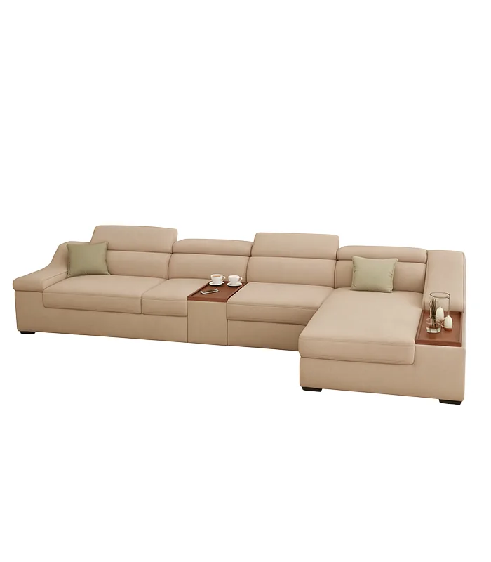 كنبة ركنة، كنب انترية، كنبة حرف L مع ترابيزات صغيرة مدمجة Modern Style Sofa, L Shaped Sofa With Wooden Small Table Imbedded In It