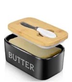 Butter Container, Porcelain Butter And Knife Box With Bamboo Lid And Stainless Steel Knife