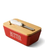 Butter Container, Porcelain Butter And Knife Box With Bamboo Lid And Stainless Steel Knife