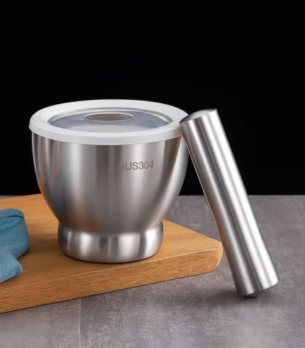 Stainless Steel Hon With Stainless Steel Pestle 2 Sizes And Plastic Lid
