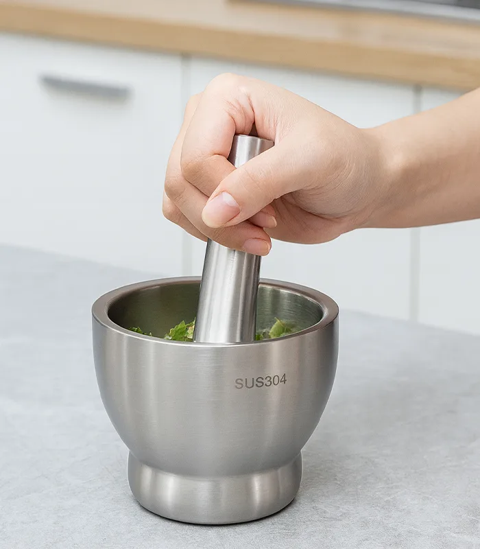 Stainless Steel Hon With Stainless Steel Pestle 2 Sizes And Plastic Lid