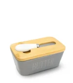 Butter Container, Porcelain Butter And Knife Box With Bamboo Lid And Stainless Steel Knife