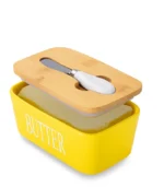 Butter Container, Porcelain Butter And Knife Box With Bamboo Lid And Stainless Steel Knife