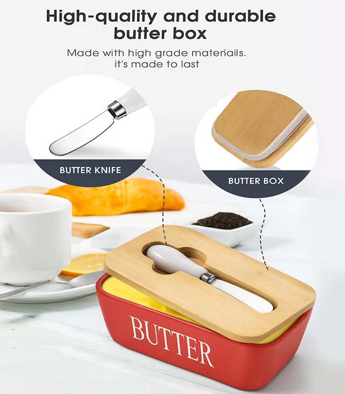 4 Color Butter Knife Container, Porcelain Butter And Knife Box With Bamboo Lid And Stainless Steel Knife