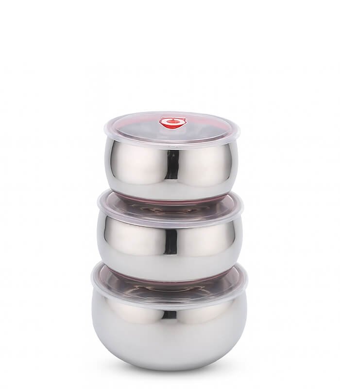 طقم علب ثلاجة استانلس، طقم 3 قطع علب ثلاجة استانلس Stainless Bowls, Set Of 3 Stainless Steel Mixing Bowls