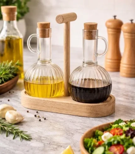 Oil Glass Bottle With Wooden Stand Design