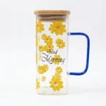 Floral Design Good Morning Glass Cup With Lid and Straw, 380ml Heat-Resistant Glass with Pyrex Straw and Bamboo Lid