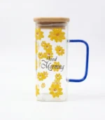 Floral Design Good Morning Glass Cup With Lid and Straw, 380ml Heat-Resistant Glass with Pyrex Straw and Bamboo Lid