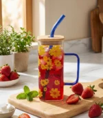Floral Design Good Morning Glass Cup With Lid and Straw, 380ml Heat-Resistant Glass with Pyrex Straw and Bamboo Lid - Image 2