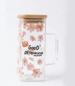 Floral Design Good Morning Glass Cup With Lid and Straw, 380ml Heat-Resistant Glass with Pyrex Straw and Bamboo Lid - Image 3