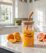 Floral Design Good Morning Glass Cup With Lid and Straw, 380ml Heat-Resistant Glass with Pyrex Straw and Bamboo Lid - Image 4