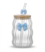Elegant Wavy Glass Mug with Bow – 350ml with Bamboo Lid and Straw