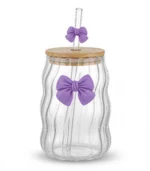 Elegant Wavy Glass Mug with Bow – 350ml with Bamboo Lid and Straw - Image 4