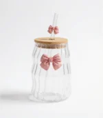 Elegant Wavy Glass Mug with Bow – 350ml with Bamboo Lid and Straw - Image 3