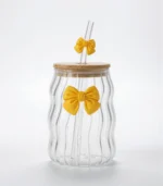 Elegant Wavy Glass Mug with Bow – 350ml with Bamboo Lid and Straw - Image 2