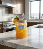 Elegant Wavy Glass Mug with Bow – 350ml with Bamboo Lid and Straw - Image 5