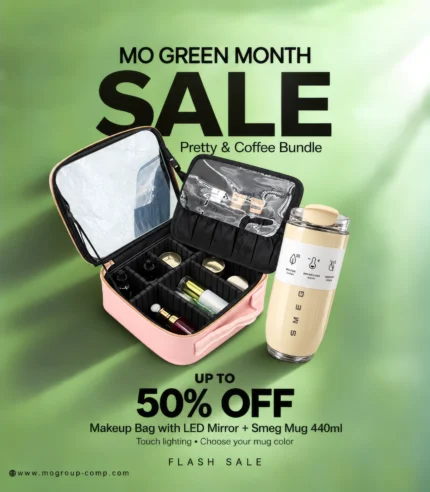 Pretty & Coffee Bundle with makeup bag, mirror, touch lighting and Smeg Thermal Mug 440ml