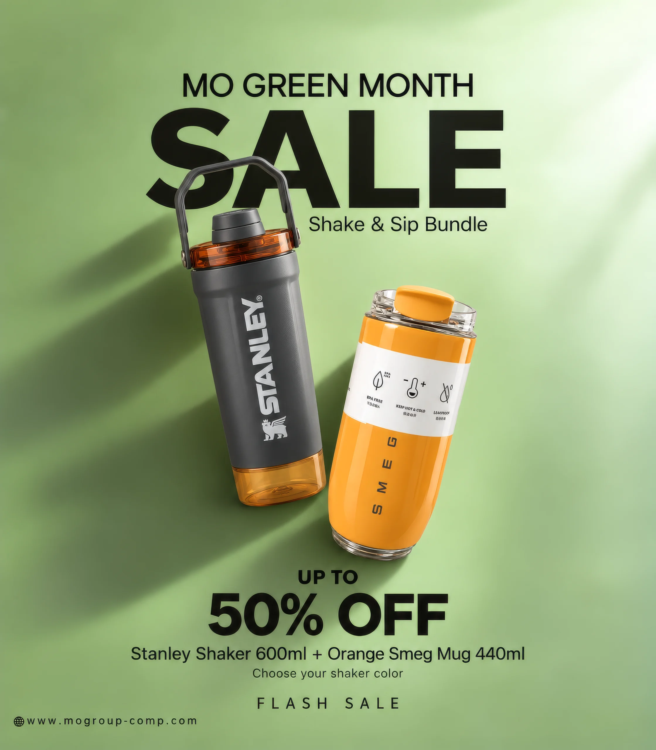 Shake & sip bundle poster copy Shake & Sip Bundle with Stanley Shaker 600ml and orange Smeg Thermal Mug 440ml