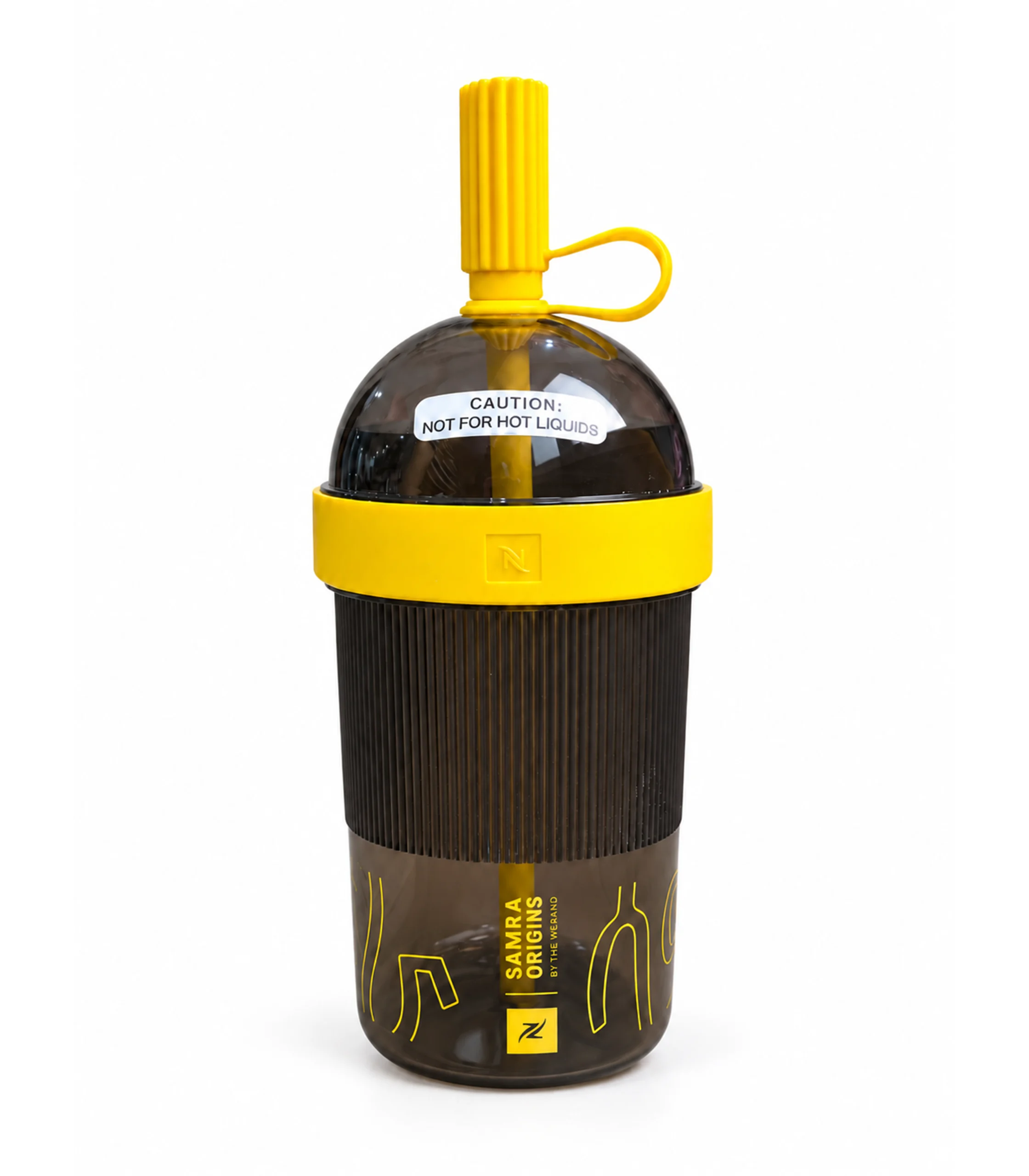 ي Nespresso Samra Origins Travel Tumbler 540ml with smoky transparent body, yellow silicone band and capped straw